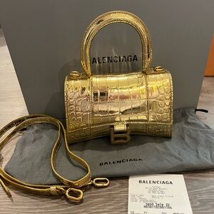 Balenciaga Gold hourglass XS Croc-Embossed Women's Bag